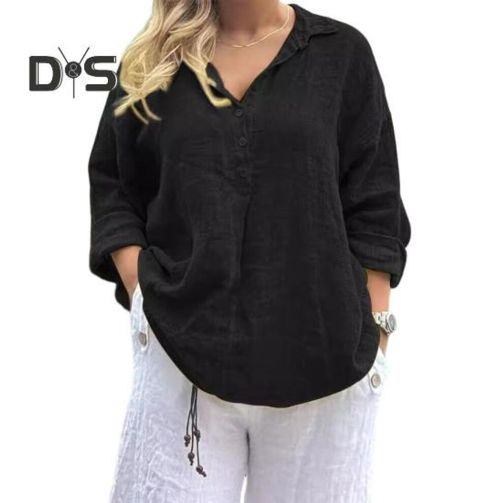 (XL, black) Women Shirt Lapel Buttons Half Placket Long Sleeve Casual Tops Solid Color Loose Fit Work Leisure Shirt