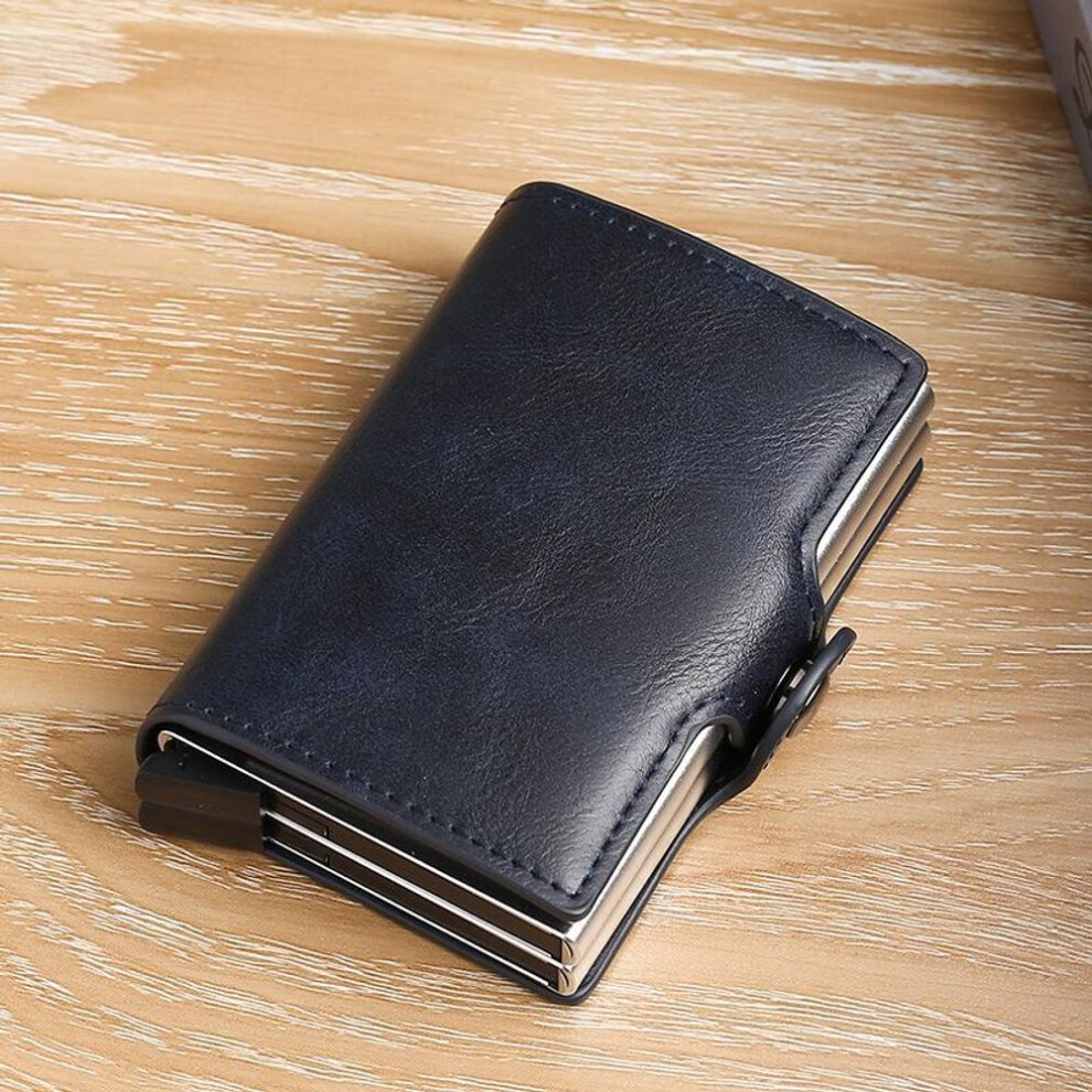 (dark blue) RFID Auto Pop-Up Double-Layer Aluminum Credit Card Holder with Multi-Card Slots and Anti-Theft Protection
