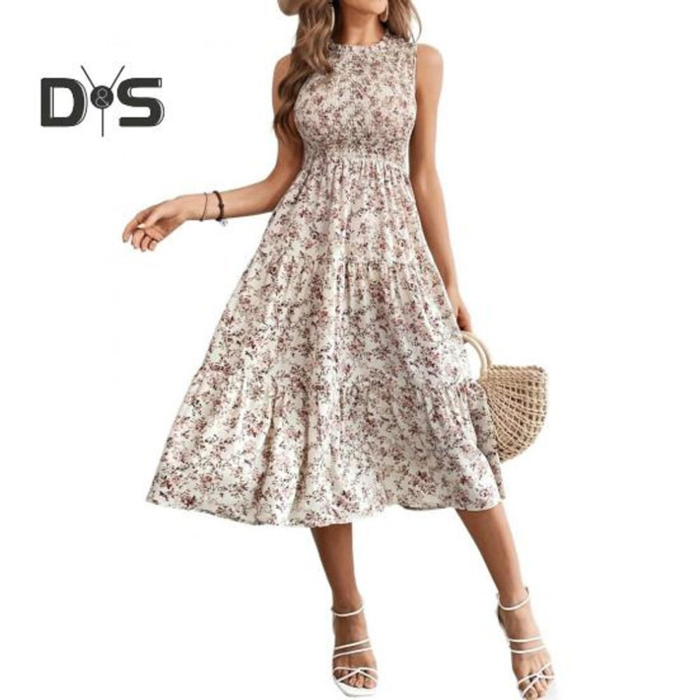 (white, XL) Women Midi Dress Round Neck Elastic High Waist Sleeveless A-line Big Swing Summer Dress Flower Printing Vacation Beach Dress
