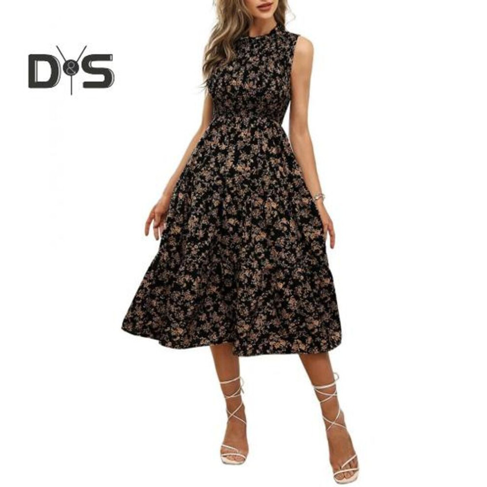 (black, XL) Women Midi Dress Round Neck Elastic High Waist Sleeveless A-line Big Swing Summer Dress Flower Printing Vacation Beach Dress