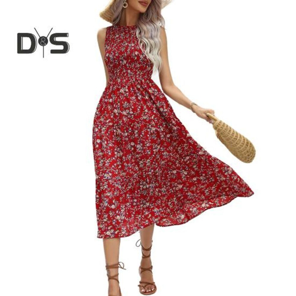 (dark red, XL) Women Midi Dress Round Neck Elastic High Waist Sleeveless A-line Big Swing Summer Dress Flower Printing Vacation Beach Dress