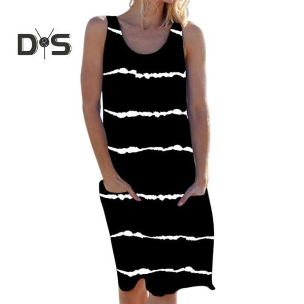 (black, S) Women's Sleeveless Tank Dress Summer Casual Round Neck Tunic Dress With Pocket Baggy Stripe Beach Sundress Swimsuit Bikini Cover-up