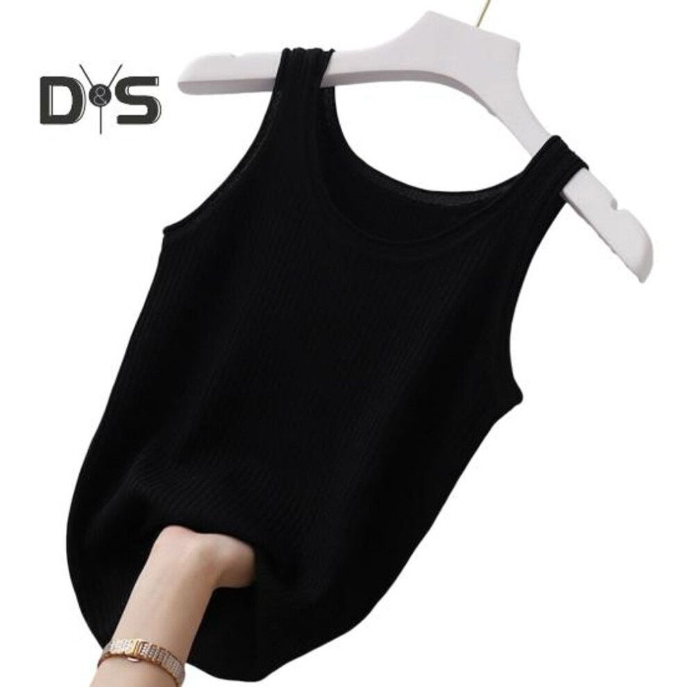 (2XL, black) Women Vest Round Neck Sleeveless Slim Fit Tank Tops Solid Color Ribbed Lightweight Sports Gym Vest Daily Wear