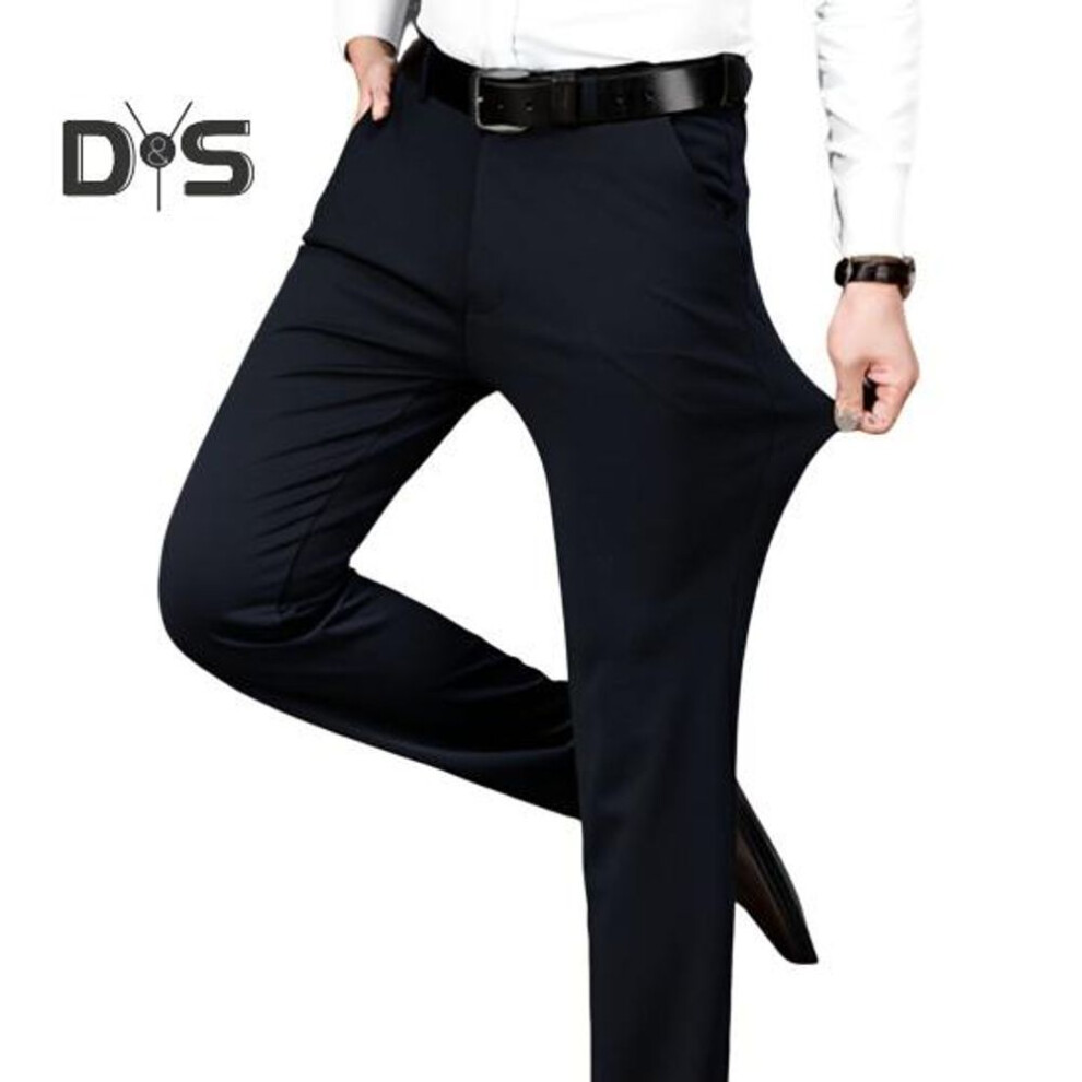 (black, 2XL) Men's Elastic Suit Pants Thin Straight Leg Trousers Wrinkle Resistant Non-Iron Business Trousers for Office Formal Wear Date