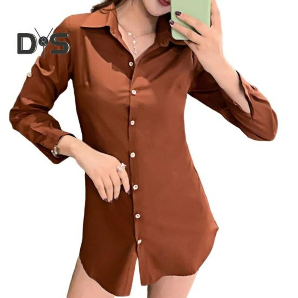 (S, coffee) Women Shirt Lapel Long Sleeve Mid-length Style Shirt Solid Color Buttons Placket Casual Regular Fit Tops Daily Wear