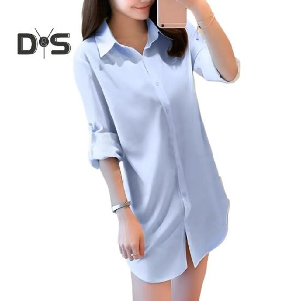 (L, sky blue) Women Shirt Lapel Long Sleeve Mid-length Style Shirt Solid Color Buttons Placket Casual Regular Fit Tops Daily Wear
