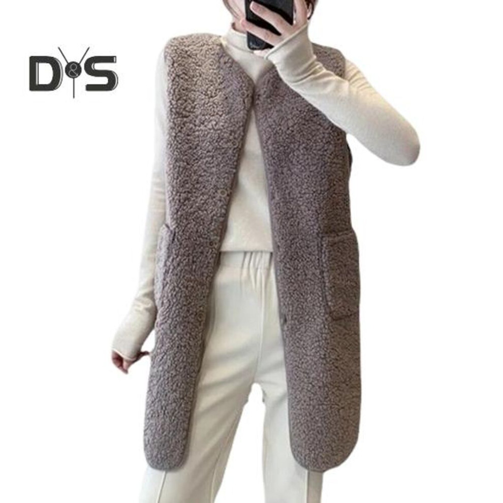 (khaki, XL) Fall Winter Women Vest Coat Round Neck Loose Mid Length Sleeveless Single-breasted Pockets Cardigan Warm Thick Outwear Waistcoat