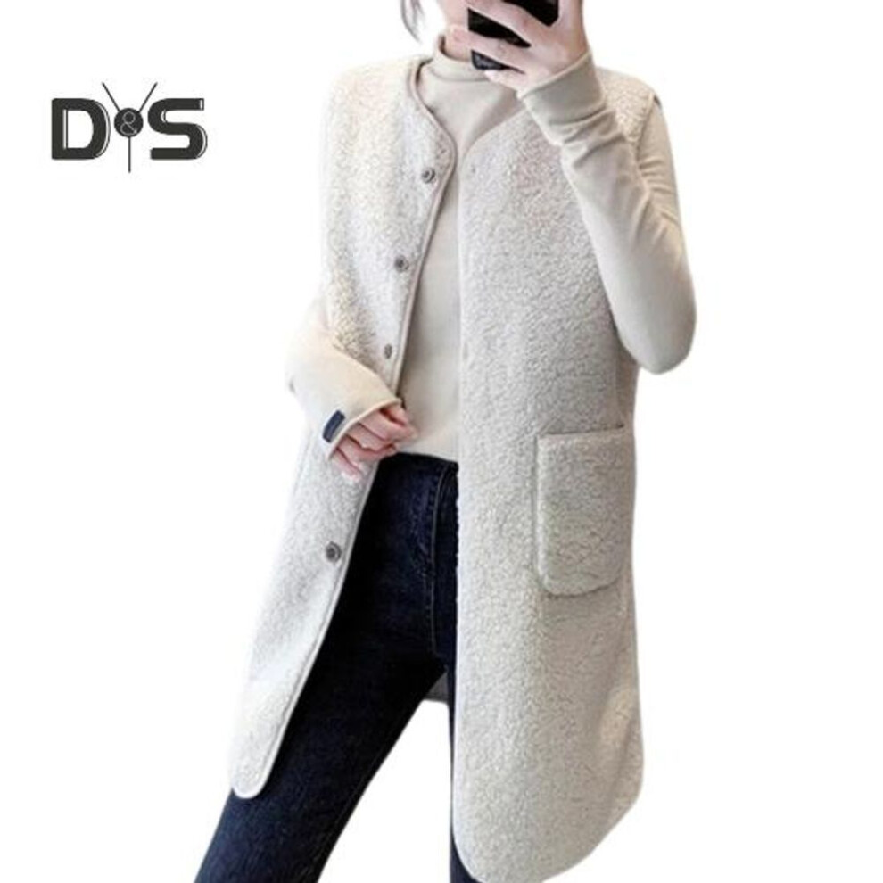 (beige, XXXL) Fall Winter Women Vest Coat Round Neck Loose Mid Length Sleeveless Single-breasted Pockets Cardigan Warm Thick Outwear Waistcoat