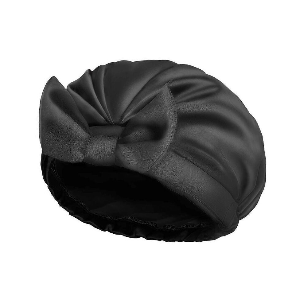 Black Shower Cap, Bow Double Layer Reusable Silk Satin Shower Hair Cap For Women Beauty Bath, Hair Spa )