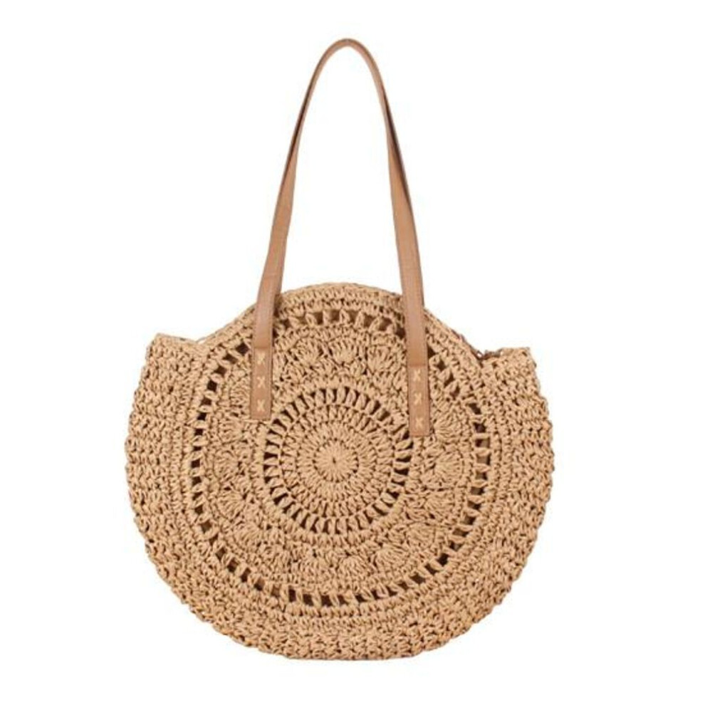 (camel) Wear-resistant Shopping Bag Zipper Closure Trendy Straw Travel Beach Tote Bag