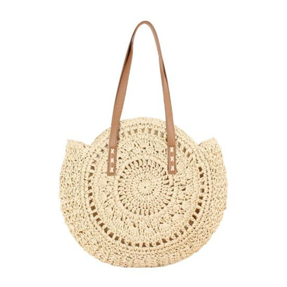 (beige) Wear-resistant Shopping Bag Zipper Closure Trendy Straw Travel Beach Tote Bag