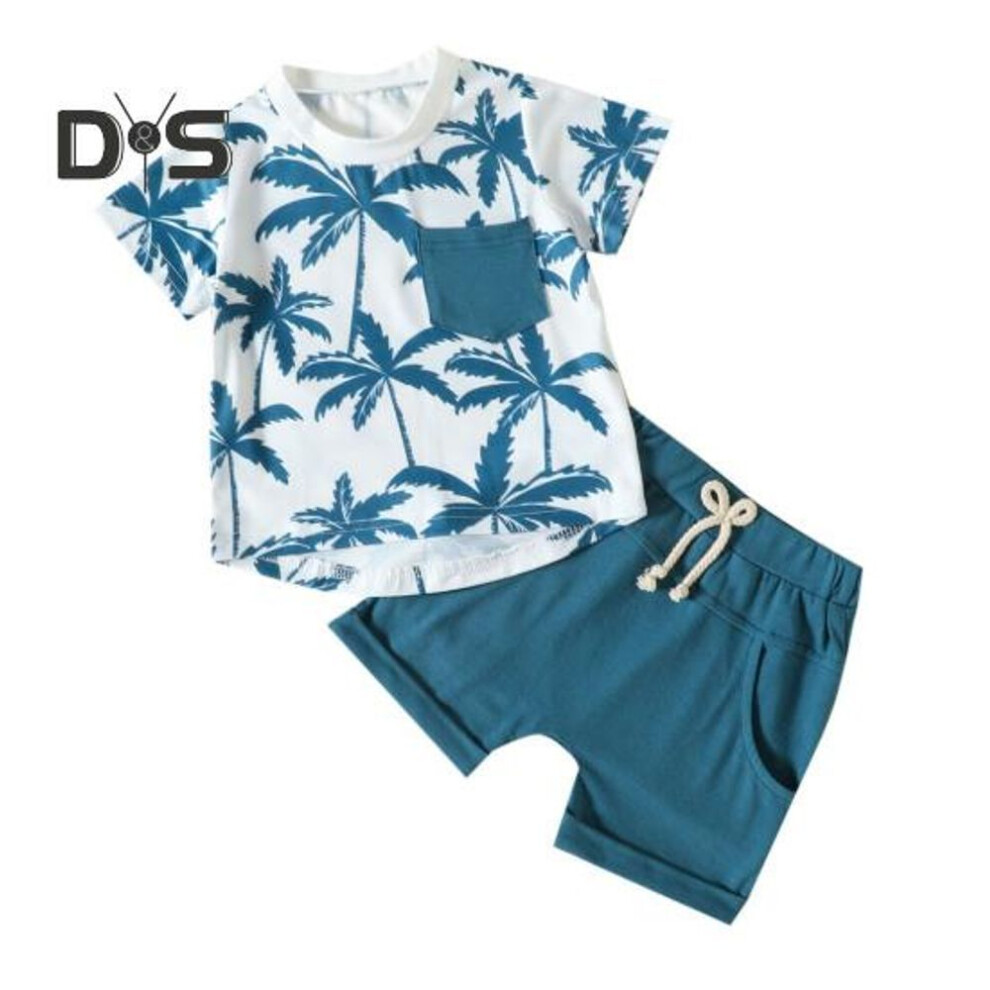 (blue, 100cm) Baby Boy Tree Print T-shirts And Elastic Waist Shorts 2pcs Fashionable Outfits Infant Summer Clothes For 0-24 Months Photography Props For Babies