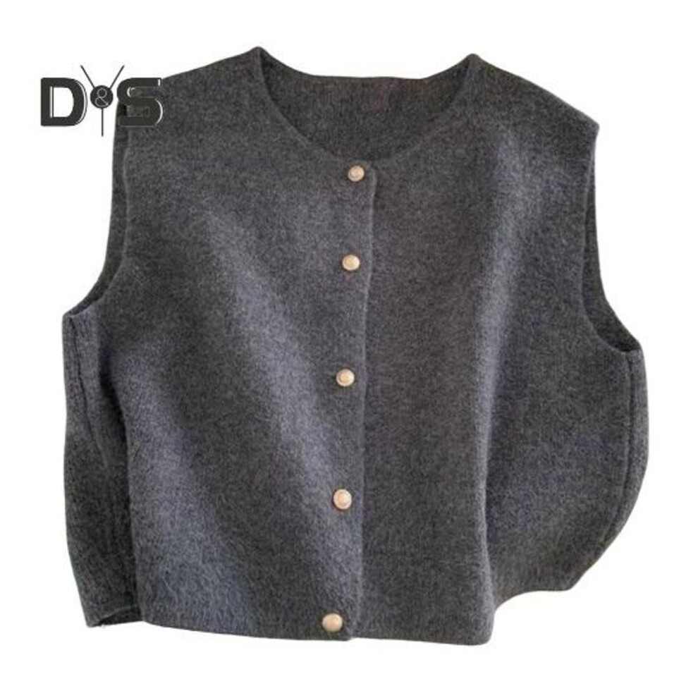 (dark gray) Women Knitted Vest Round Neck Sleeveless Button-down Thick Elastic Pure Color Brushed Texture Loose Sweater Coat for Spring Autumn Winter