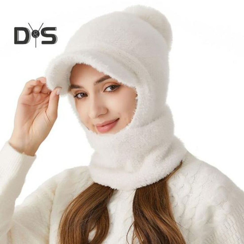 (milk white) Winter Cycling Hat with Integrated Face Shield And Neck Warmer Short Brim Windproof Thick Plush Full Protection Outdoor Scarf Cold Weather Headwear