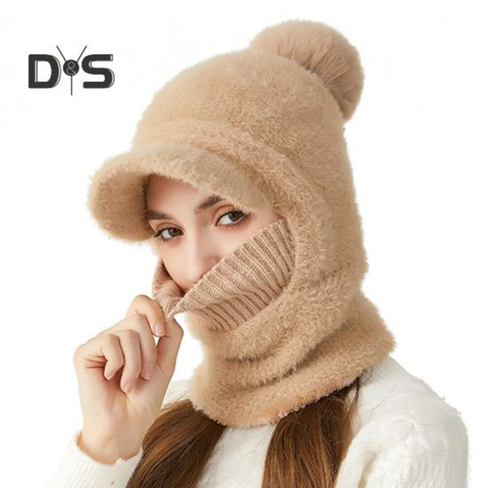 (khaki) Winter Cycling Hat With Integrated Face Shield And Neck Warmer Short Brim Windproof Thick Plush Full Protection Outdoor Scarf Cold Weather Headwear