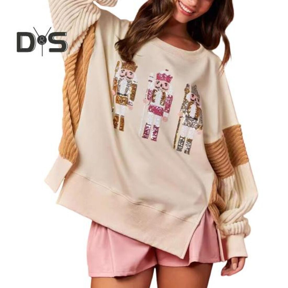 (L, khaki) Women Christmas Sweatshirt Sequin Cartoon Pattern Slit Hem Colorblock Round Neck Long Sleeve Loose Mid Length Pullover Party Holiday Top