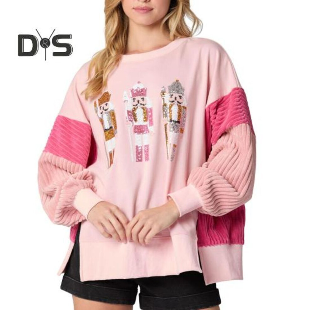 (L, pink) Women Christmas Sweatshirt Sequin Cartoon Pattern Slit Hem Colorblock Round Neck Long Sleeve Loose Mid Length Pullover Party Holiday Top