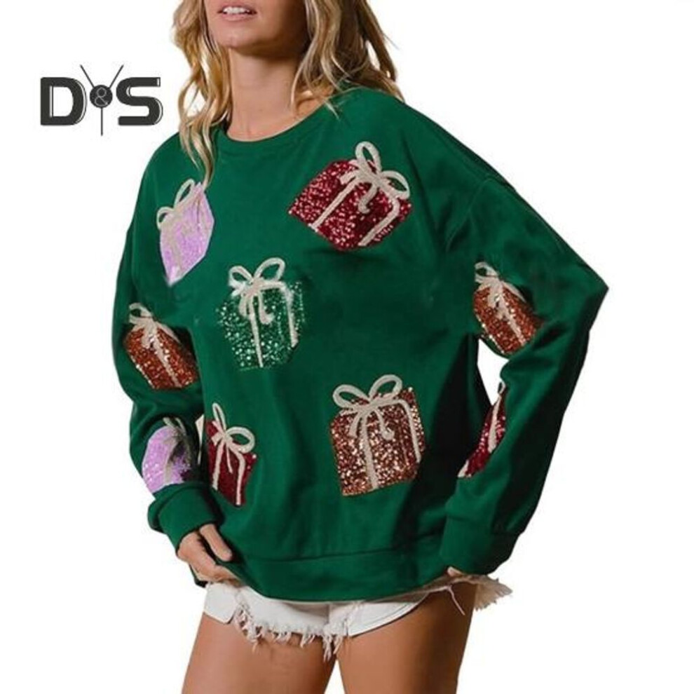 (M, green) Women Christmas Sweatshirt Sequin Gift Box Pattern Colorful Round Neck Long Sleeve Loose Mid Length Pullover Party Holiday Top