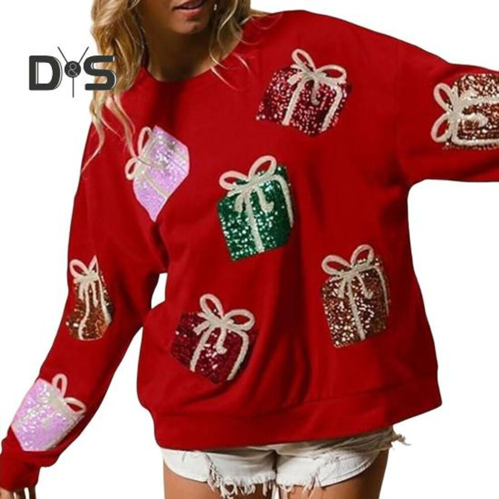 (XL, red) Women Christmas Sweatshirt Sequin Gift Box Pattern Colorful Round Neck Long Sleeve Loose Mid Length Pullover Party Holiday Top