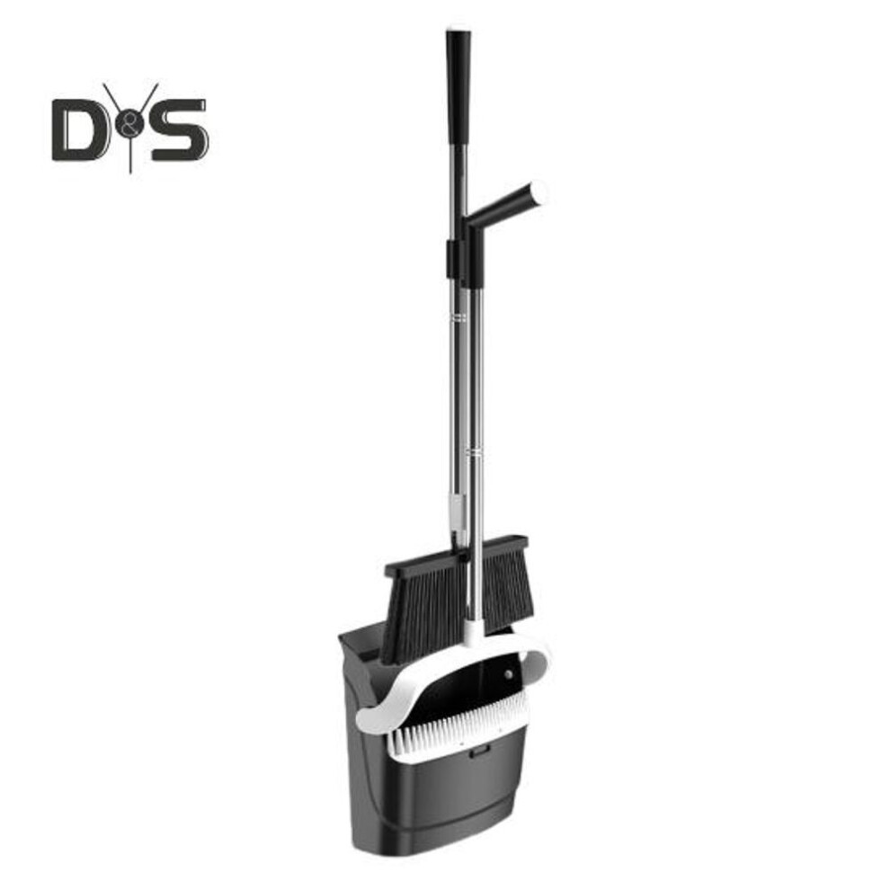 (black) 2Pcs/Set Long Handled Dustpan Brush Set with Built-In Comb Teeth 180 Degree Swivel Ergonomic Design Broom Dustpan Set