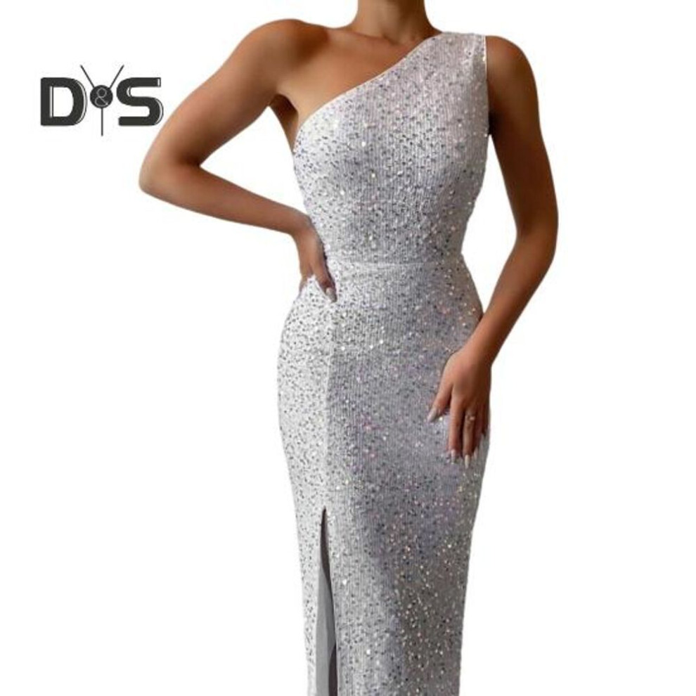 (white, XXL) Lady Evening Dress Slant Neck One Shoulder Sleeveless Sequin Slit Hem Slim Fit Prom Party Maxi Dress Summer Evening