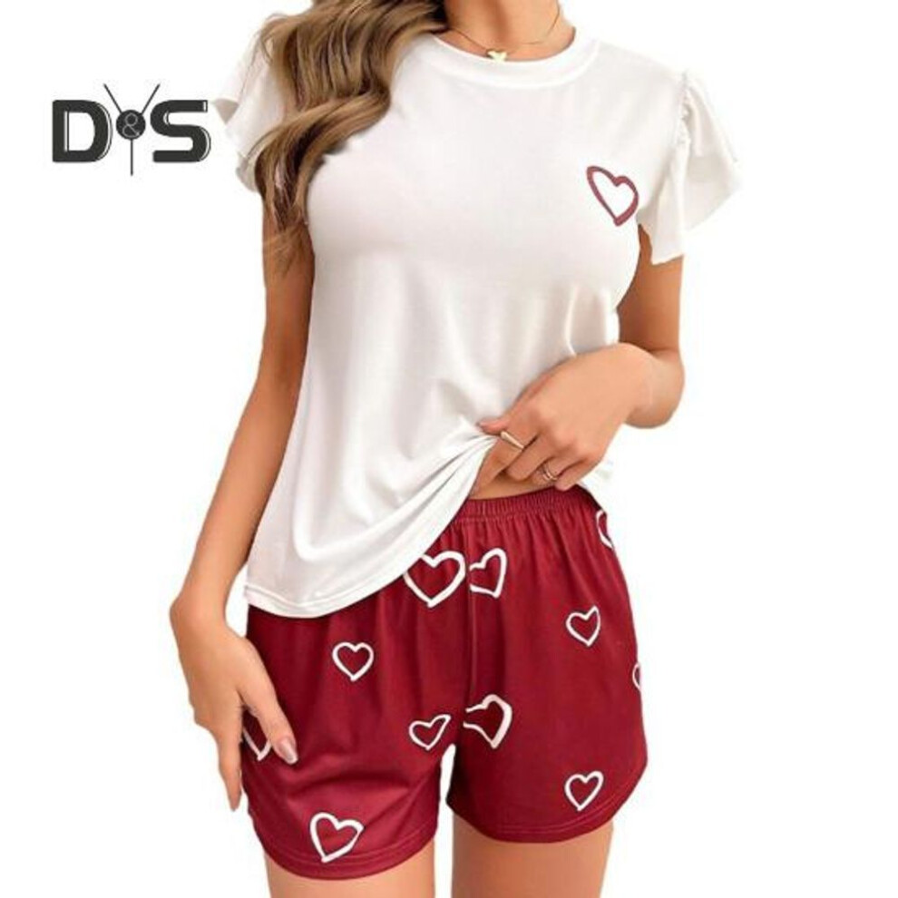 (M, white) Women Ruffle Cap Sleeve Pajama Set Heart Print Top And Shorts Sleepwear Set Summer Casual Two-Piece Nightwear Lounge Set