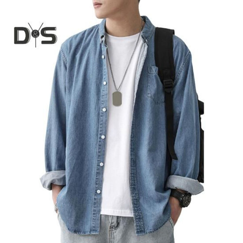 (XXL, dark blue) Men's Cotton Denim Shirt Long Sleeve Casual Lapel Shirt Solid Color Loose Fit Button Down Shirt For Daily Wear Work Street