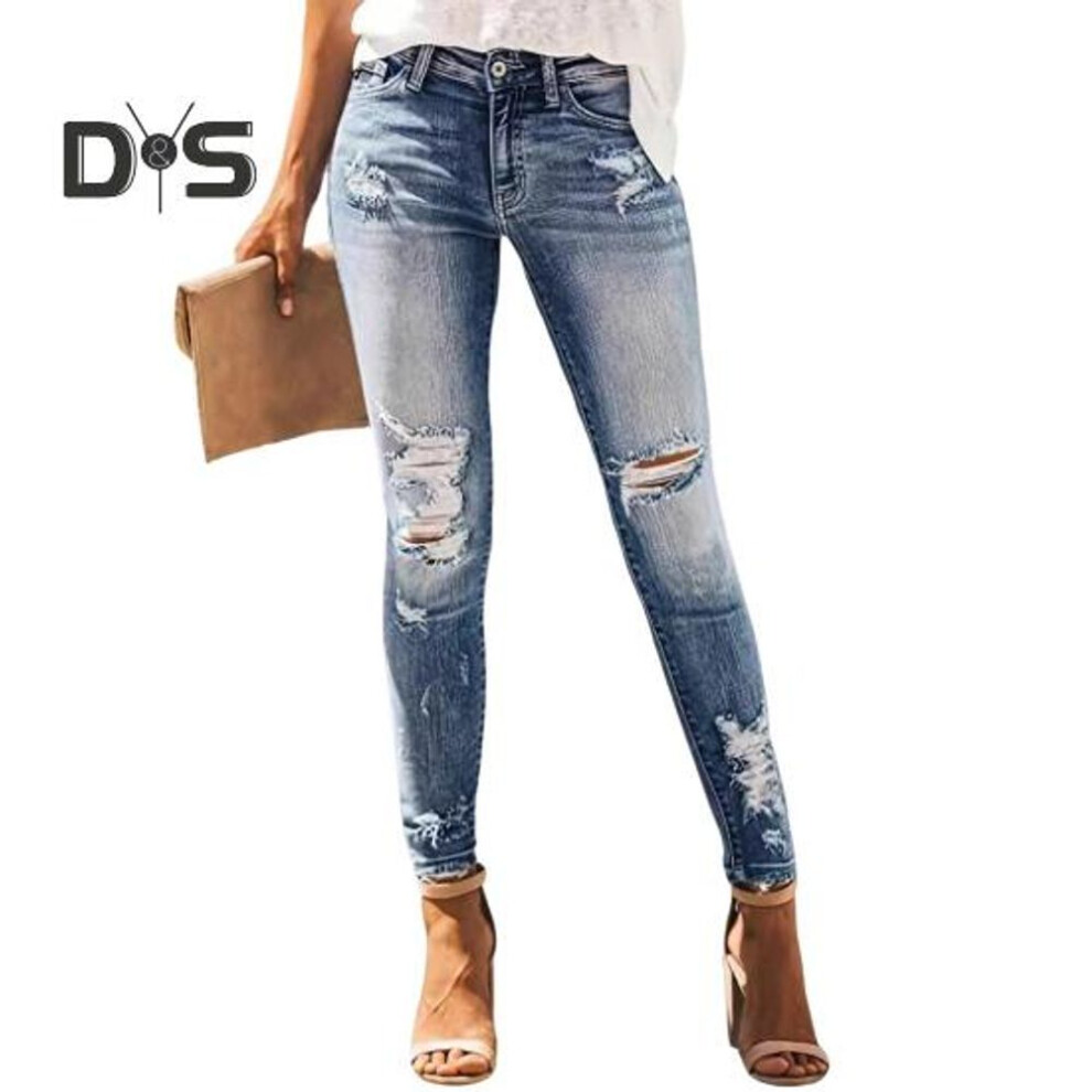 (blue, L) Women's Shaping Skinny Jeans High Waisted Ripped Distressed Denim Pants Stretchy Legging Jean Trousers