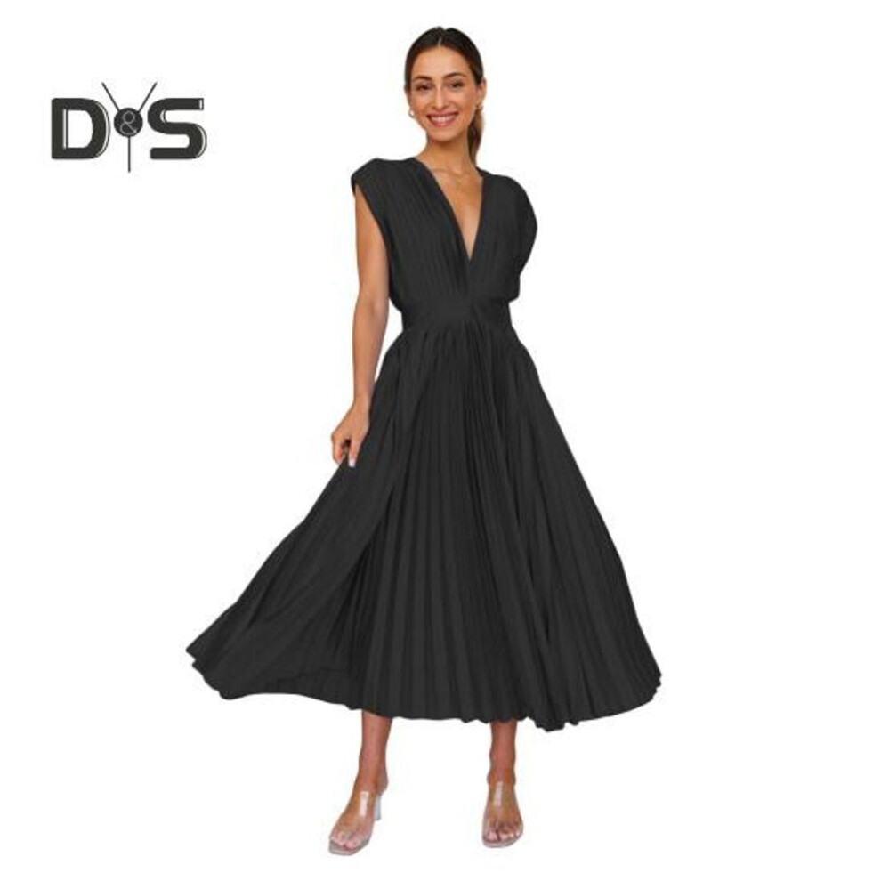 (black, L) Women's Sleeveless Deep V Neck Maxi Dress Summer Pleated High Waist Backless Cocktail Long Dress For Evening Club Party
