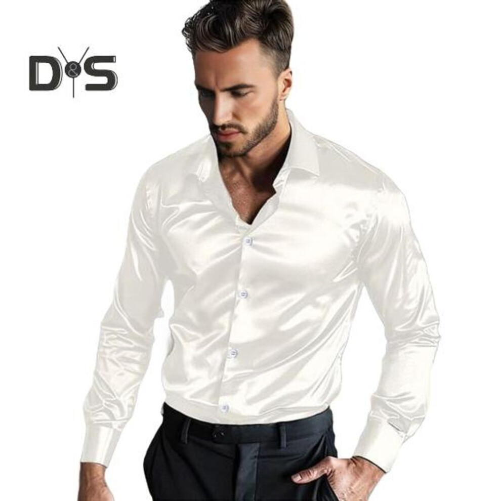 (XL, white) Men's Satin Glossy Shirt Solid Color Long Sleeve Smooth Dress Shirt Lapel Button Down Business Shirt for Office Wedding Party