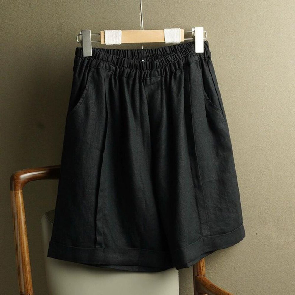 (black, S) Women's Spring And Summer High-waisted Draped Casual Shorts Solid Color Cotton And Linen Comfortable Straight Leg Pants