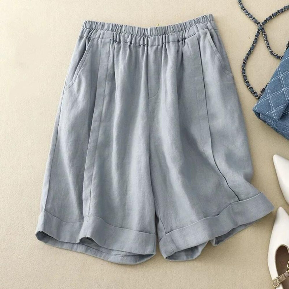 (blue, 2XL) Women's Spring And Summer High-waisted Draped Casual Shorts Solid Color Cotton And Linen Comfortable Straight Leg Pants