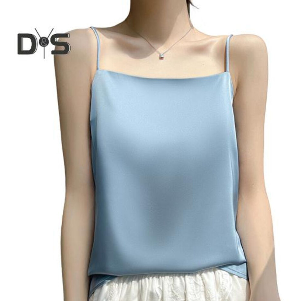 (L, blue) Summer Vest Sling Sleeveless Smooth Fabric Tank Tops Loose Fit Soft Elastic Satin Texture Bottom Vest