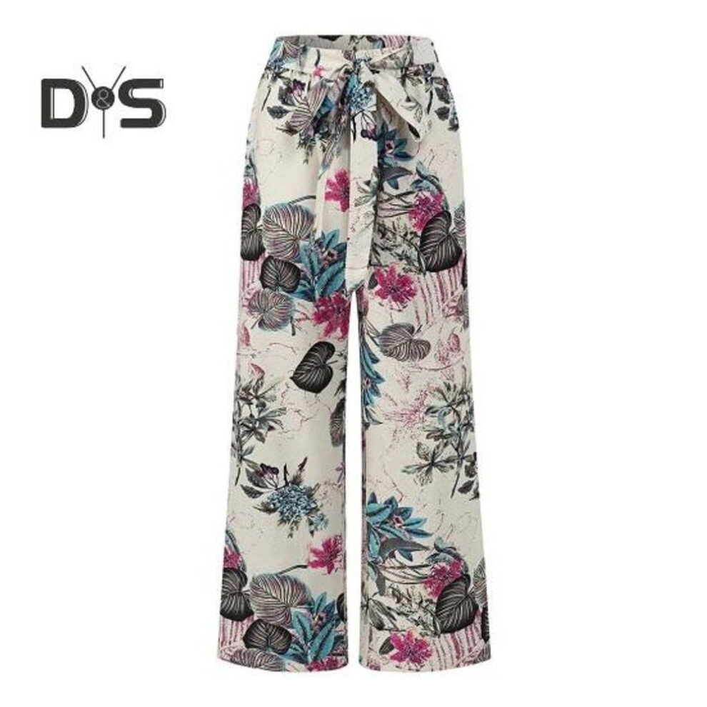 (red, XXXXXL) Women Pants Elastic High Waist Lace-up Loose Cut Long Pants Retro Style Floral Printed Straight Wide-Leg Trousers