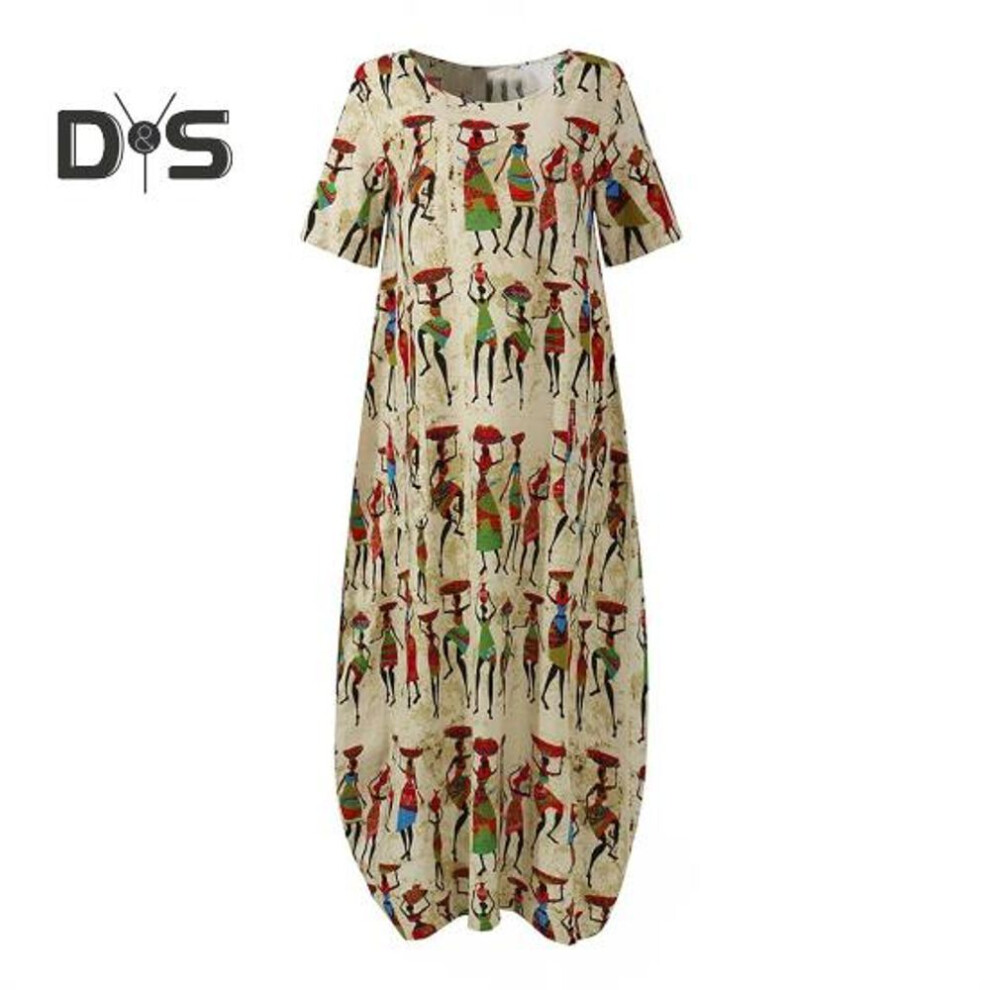 (apricot, L) Women's Summer Casual Maxi Dress Loose Short Sleeve Crew Neck Long Dress Beach Ethnic Printed Sundresses