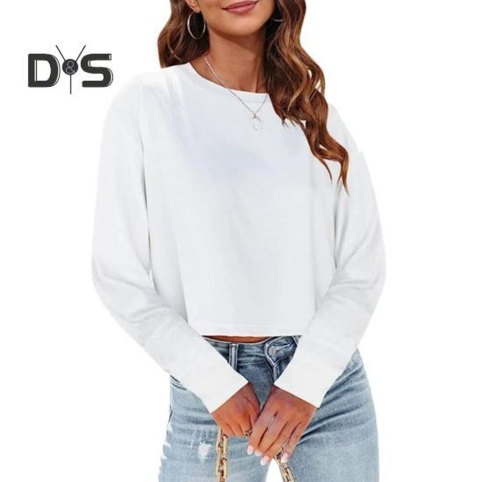 (L, white) Women Tops Round Neck Long Sleeves Pullover Tops Solid Color Loose Fit Cropped Tops Casual Daily Wear