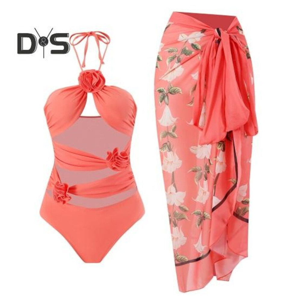 (S, watermelon red) 2pcs/set Monokini Set Sexy Hollow Design Padded Support 3D Floral Decor Swimsuit With Print Cover Up Skirt Set Chiffon Beachwear