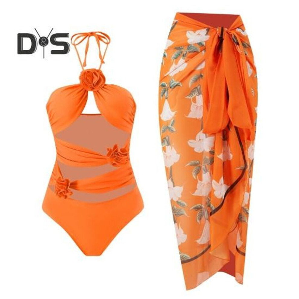 (L, orange) 2Pcs/Set Monokini Set Sexy Hollow Design Padded Support 3D Floral Decor Swimsuit with Print Cover Up Skirt Set Chiffon Beachwear