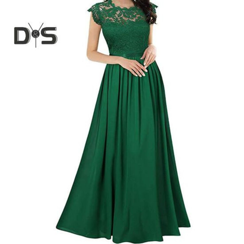(green, M) Women's Lace Maxi Dress Crew Neck Pleated Swing A-line Dress Mother Of The Bride Long Dress For Wedding Party