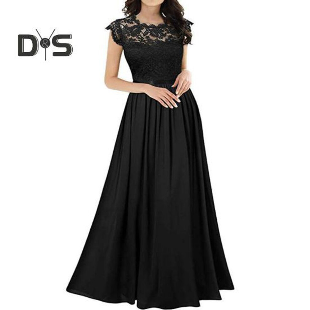 (black, XXL) Women's Lace Maxi Dress Crew Neck Pleated Swing A-line Dress Mother of The Bride Long Dress for Wedding Party