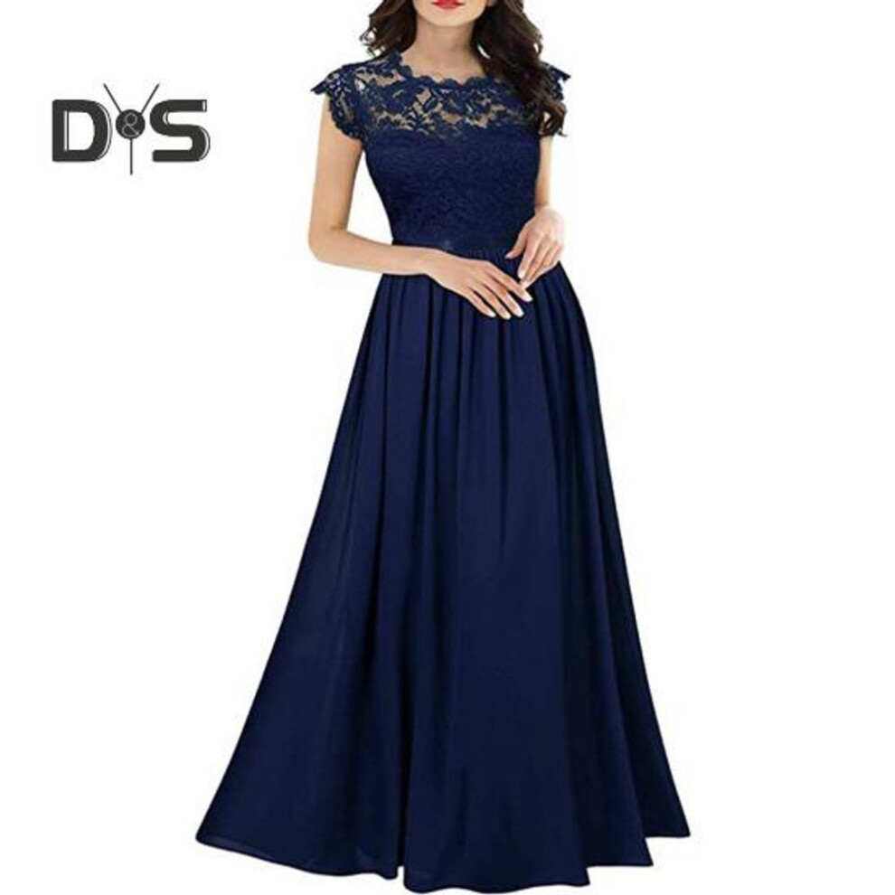 (navy blue, XXL) Women's Lace Maxi Dress Crew Neck Pleated Swing A-line Dress Mother of The Bride Long Dress for Wedding Party