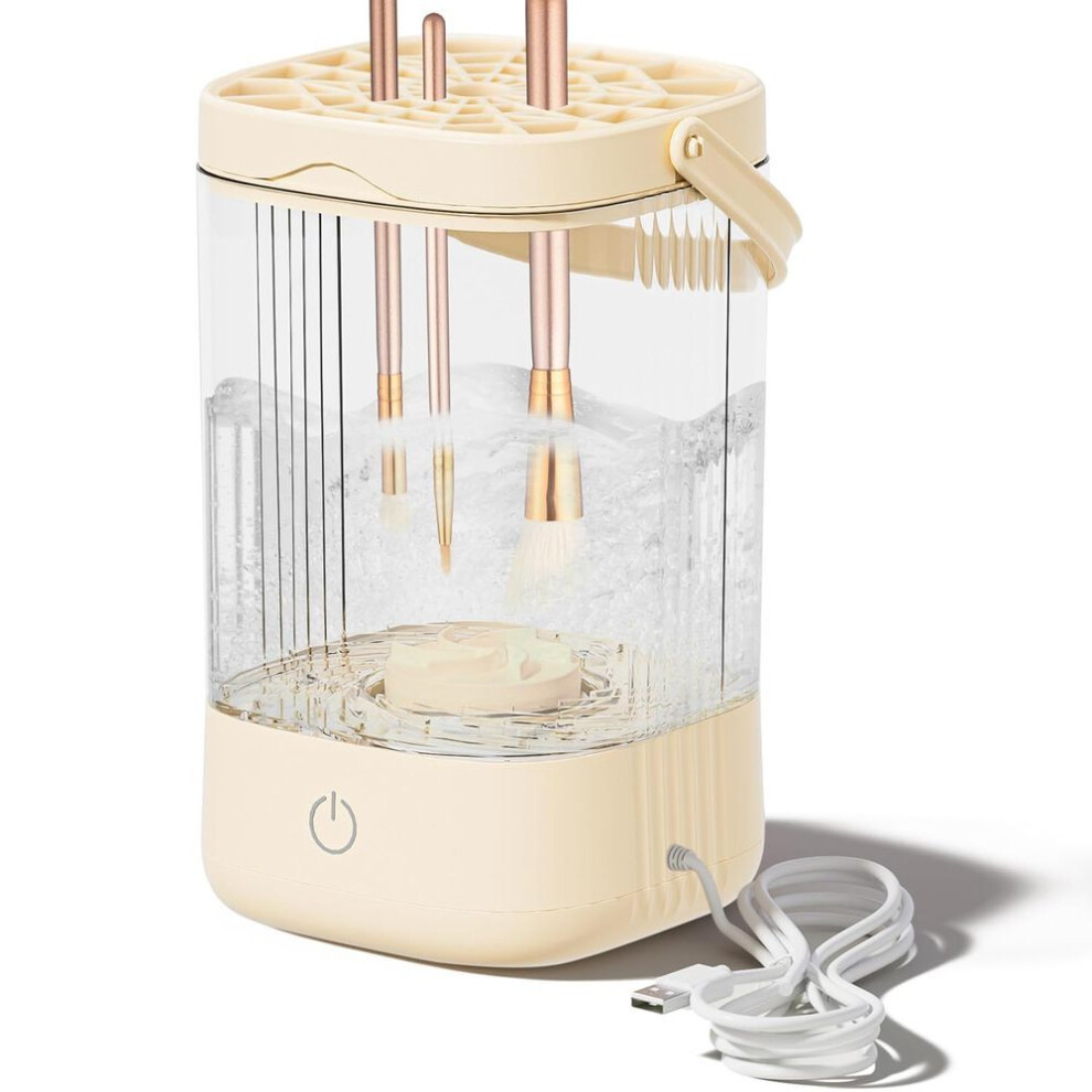 (beige) Electric Makeup Brush Cleaner - Portable Makeup Brushes Cleaning Machine, Automatic Spinning Cosmetic Brushes Washer, Make Up Brush Cleaner Tools