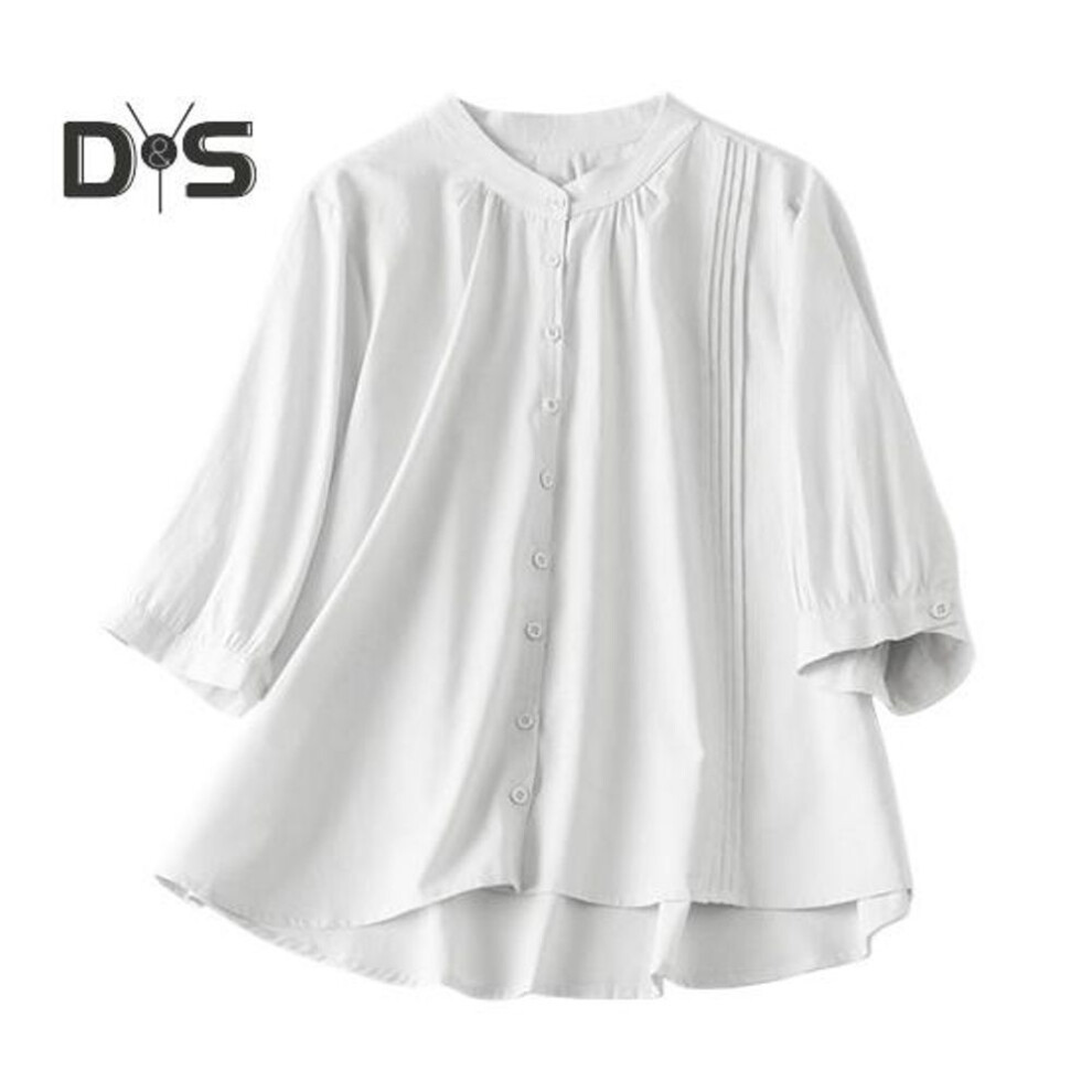 (L, white) Women Shirt Stand Collar Half Sleeve Buttons Placket Shirt Tops Solid Color Pleated Casual Shirt Summer Wear