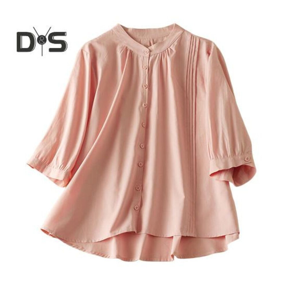 (XL, pink) Women Shirt Stand Collar Half Sleeve Buttons Placket Shirt Tops Solid Color Pleated Casual Shirt Summer Wear