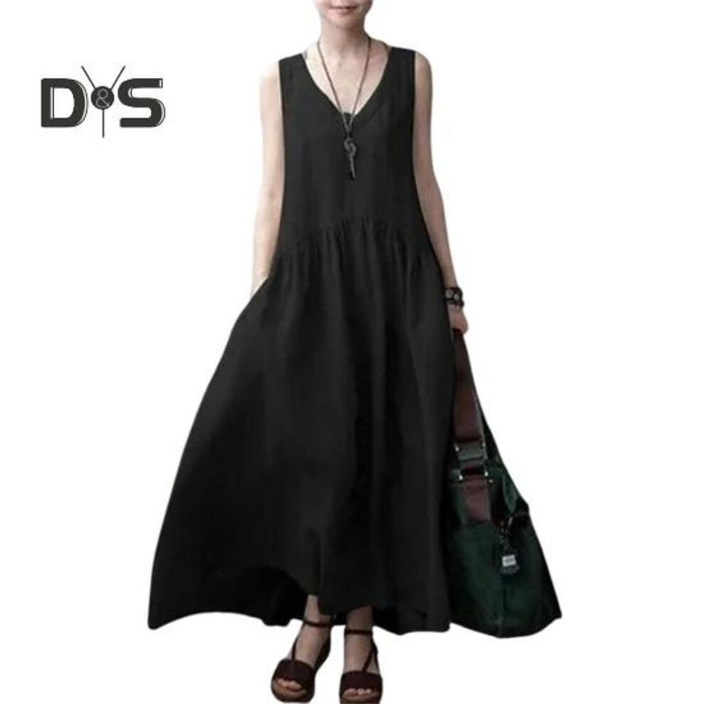 (black, L) Women's Summer Cotton Linen Maxi Dress Casual V Neck Sleeveless Tank Dress Flowy Beach Pleated Sundress