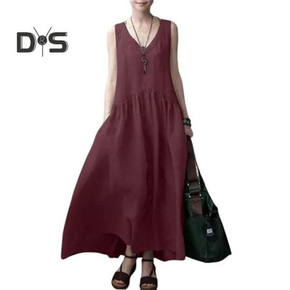 (wine red, XL) Women's Summer Cotton Linen Maxi Dress Casual V Neck Sleeveless Tank Dress Flowy Beach Pleated Sundress