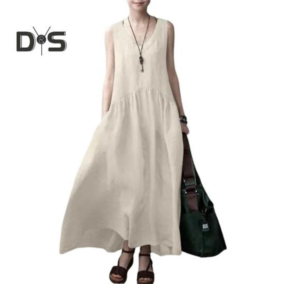 (beige, L) Women's Summer Cotton Linen Maxi Dress Casual V Neck Sleeveless Tank Dress Flowy Beach Pleated Sundress