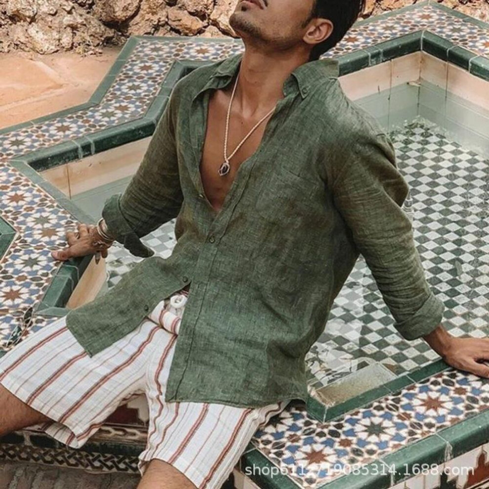 (XL, green) New Men's Solid Color European and American Cotton Linen Loose Casual Collar Long Sleeved Cardigan Beach Shirt Men's Style