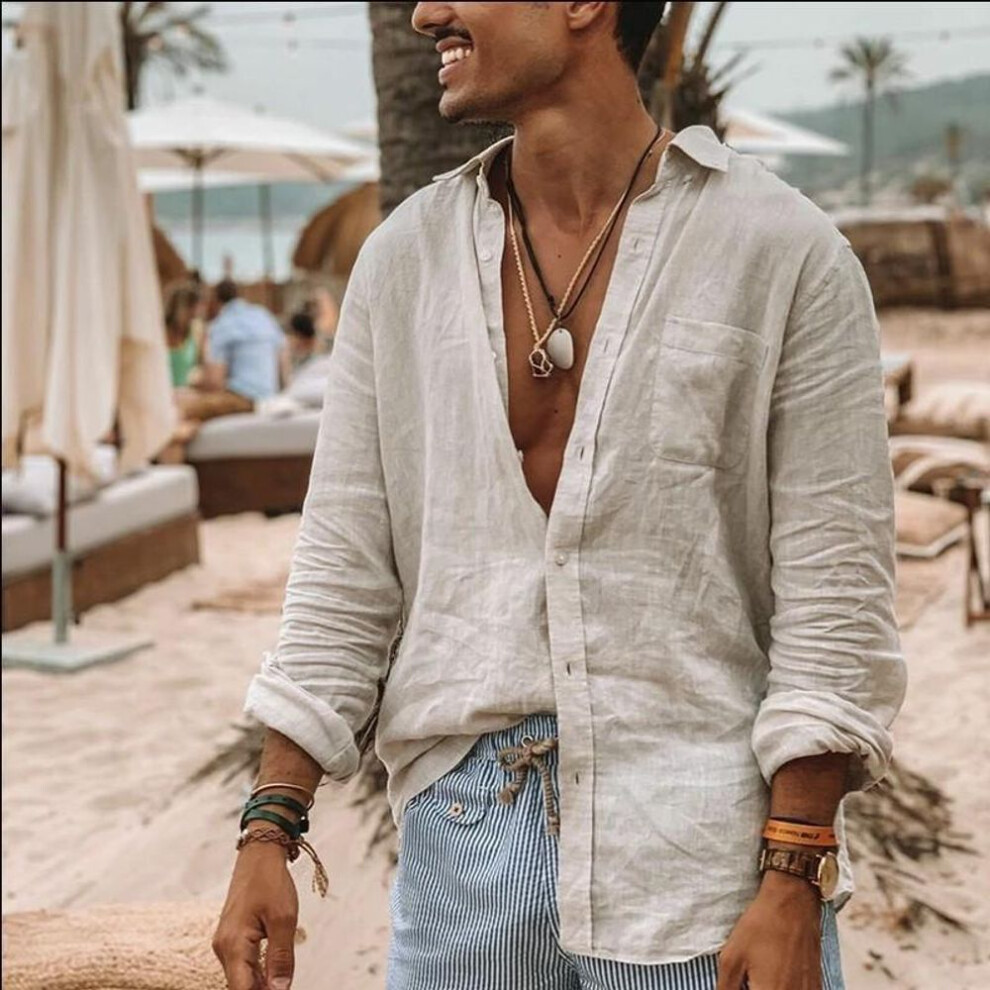 (3XL, white) New Men's Solid Color European and American Cotton Linen Loose Casual Collar Long Sleeved Cardigan Beach Shirt Men's Style