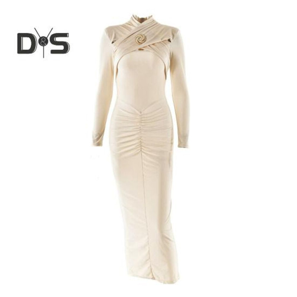 (apricot, S) Women Evening Dress Hollow Out Bodycon Metal Buckle Ruched Elastic Pure Color Midi Dress Long Sleeve Prom Party Dress